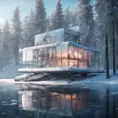 Beautiful futuristic architectural bright glass house in the forest on a giant frozen lake, 8k, Award-Winning, Highly Detailed, Beautiful, Epic, Octane Render, Unreal Engine, Radiant, Volumetric Lighting by Stefan Kostic