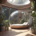 Futuristic sleeping relax pod, transparent orb, plants, natural daytime lighting, natural wooden environment, flat design, product-view, 8k, Futuristic, Sci-Fi, Natural Light by WLOP