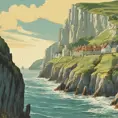 Create a captivating background, Cliffs of Dover in the background. vintage poster paint book cover style design, Highly Detailed, Poster by Studio Ghibli