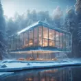 Beautiful futuristic architectural bright glass house in the forest on a giant frozen lake, 8k, Award-Winning, Highly Detailed, Beautiful, Epic, Octane Render, Unreal Engine, Radiant, Volumetric Lighting by Stefan Kostic