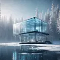 Beautiful futuristic architectural bright glass house in the forest on a giant frozen lake, 8k, Award-Winning, Highly Detailed, Beautiful, Epic, Octane Render, Unreal Engine, Radiant, Volumetric Lighting by WLOP