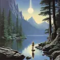 1970's dark fantasy book cover of beautiful lake with minimalist far perspective, Album cover, D&D, Fantasy by Larry Elmore