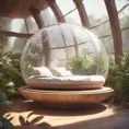 Futuristic sleeping relax pod, transparent orb, plants, natural daytime lighting, natural wooden environment, flat design, product-view, 8k, Futuristic, Sci-Fi, Natural Light by Stanley Artgerm Lau