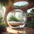 Futuristic sleeping relax pod, transparent orb, plants, natural daytime lighting, natural wooden environment, flat design, product-view, 8k, Futuristic, Sci-Fi, Natural Light by Greg Rutkowski