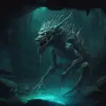 Scary creature in the dephts of a cave cenote, 8k, Highly Detailed, Iridescence, Concept Art, Fantasy, Dark