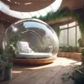 Futuristic sleeping relax pod, transparent orb, plants, natural daytime lighting, natural wooden environment, flat design, product-view, 8k, Futuristic, Sci-Fi, Natural Light by WLOP