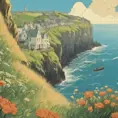 Create a captivating background, Cliffs of Dover in the background. vintage poster paint book cover style design, Highly Detailed, Poster by Studio Ghibli