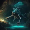 Scary creature in the dephts of a cave cenote, 8k, Highly Detailed, Iridescence, Concept Art, Fantasy, Dark