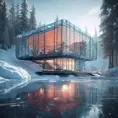 Beautiful futuristic architectural bright glass house in the forest on a giant frozen lake, 8k, Award-Winning, Highly Detailed, Beautiful, Epic, Octane Render, Unreal Engine, Radiant, Volumetric Lighting by Greg Rutkowski