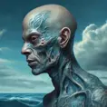 Professional portrait of a tatooed alien race, head with 3d bony growths under the skin on the head normal face full body side view the backdrop sea and clouds the sea is ocean blue, abstract beauty, approaching perfection, delicate face, moonlight, Highly Detailed, Artstation, Vintage Illustration, Digital Painting, Sharp Focus, Smooth, Dynamic Lighting, Concept Art by Carne Griffiths, Wadim Kashin