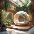 Futuristic sleeping relax pod, transparent orb, plants, natural daytime lighting, natural wooden environment, flat design, product-view, 8k, Futuristic, Sci-Fi, Natural Light