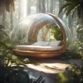 Futuristic sleeping relax pod, transparent orb, plants, natural daytime lighting, natural wooden environment, flat design, product-view, 8k, Futuristic, Sci-Fi, Natural Light by Greg Rutkowski