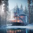 Beautiful futuristic architectural bright glass house in the forest on a giant frozen lake, 8k, Award-Winning, Highly Detailed, Beautiful, Epic, Octane Render, Unreal Engine, Radiant, Volumetric Lighting by Greg Rutkowski