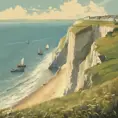 Create a captivating background, Cliffs of Dover in the background. vintage poster paint book cover style design, Highly Detailed, Poster by Stefan Kostic