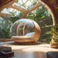 Futuristic sleeping relax pod, transparent orb, plants, natural daytime lighting, natural wooden environment, flat design, product-view, 8k, Futuristic, Sci-Fi, Natural Light by Stefan Kostic