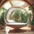 Futuristic sleeping relax pod, transparent orb, plants, natural daytime lighting, natural wooden environment, flat design, product-view, 8k, Futuristic, Sci-Fi, Natural Light by Stefan Kostic