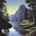 1970's dark fantasy book cover of beautiful lake with minimalist far perspective, Album cover, D&D, Fantasy by Larry Elmore