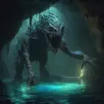 Scary creature in the dephts of a cave cenote, 8k, Highly Detailed, Iridescence, Concept Art, Fantasy, Dark