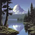 1970's dark fantasy book cover of beautiful lake with minimalist far perspective, Album cover, D&D, Fantasy by Larry Elmore