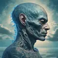 Professional portrait of a tatooed alien race, head with 3d bony growths under the skin on the head normal face full body side view the backdrop sea and clouds the sea is ocean blue, abstract beauty, approaching perfection, delicate face, moonlight, Highly Detailed, Artstation, Vintage Illustration, Digital Painting, Sharp Focus, Smooth, Dynamic Lighting, Concept Art by Carne Griffiths, Wadim Kashin