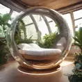 Futuristic sleeping relax pod, transparent orb, plants, natural daytime lighting, natural wooden environment, flat design, product-view, 8k, Futuristic, Sci-Fi, Natural Light by Stefan Kostic