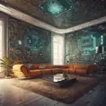 Imagine a modern and technology-inspired living room with a unique twist. The centerpiece of the room is a striking circuit board interior wallpaper that covers one wall. The wallpaper features intricate circuit board diagrams, electronic symbols, and vibrant metallic tones, Vintage Illustration, Retro-Futurism, Sci-Fi by Stefan Kostic