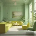 Muted tones of pastel green and yellow interior design, evoking a sense of calmness, endless muse, Digital Art, 3D art, Elegant by Greg Rutkowski