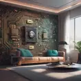 Imagine a modern and technology-inspired living room with a unique twist. The centerpiece of the room is a striking circuit board interior wallpaper that covers one wall. The wallpaper features intricate circuit board diagrams, electronic symbols, and vibrant metallic tones, Vintage Illustration, Retro-Futurism, Sci-Fi by WLOP