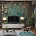 Imagine a modern and technology-inspired living room with a unique twist. The centerpiece of the room is a striking circuit board interior wallpaper that covers one wall. The wallpaper features intricate circuit board diagrams, electronic symbols, and vibrant metallic tones, Vintage Illustration, Retro-Futurism, Sci-Fi by WLOP