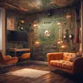 Imagine a modern and technology-inspired living room with a unique twist. The centerpiece of the room is a striking circuit board interior wallpaper that covers one wall. The wallpaper features intricate circuit board diagrams, electronic symbols, and vibrant metallic tones, Vintage Illustration, Retro-Futurism, Sci-Fi by Stefan Kostic