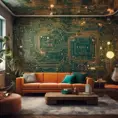 Imagine a modern and technology-inspired living room with a unique twist. The centerpiece of the room is a striking circuit board interior wallpaper that covers one wall. The wallpaper features intricate circuit board diagrams, electronic symbols, and vibrant metallic tones, Vintage Illustration, Retro-Futurism, Sci-Fi