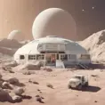 Beautiful award winning 1950s simple flat 3D art of a moon base, pale colors, perfect focus, neutral white background, Epic, Retro-Futurism, Wide-angle lens, Maximalism by WLOP