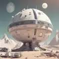 Beautiful award winning 1950s simple flat 3D art of a moon base, pale colors, perfect focus, neutral white background, Epic, Retro-Futurism, Wide-angle lens, Maximalism by Greg Rutkowski