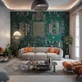 Imagine a modern and technology-inspired living room with a unique twist. The centerpiece of the room is a striking circuit board interior wallpaper that covers one wall. The wallpaper features intricate circuit board diagrams, electronic symbols, and vibrant metallic tones, Vintage Illustration, Retro-Futurism, Sci-Fi by WLOP