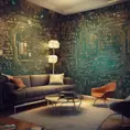 Imagine a modern and technology-inspired living room with a unique twist. The centerpiece of the room is a striking circuit board interior wallpaper that covers one wall. The wallpaper features intricate circuit board diagrams, electronic symbols, and vibrant metallic tones, Vintage Illustration, Retro-Futurism, Sci-Fi