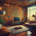 Imagine a modern and technology-inspired living room with a unique twist. The centerpiece of the room is a striking circuit board interior wallpaper that covers one wall. The wallpaper features intricate circuit board diagrams, electronic symbols, and vibrant metallic tones, Vintage Illustration, Retro-Futurism, Sci-Fi by Greg Rutkowski