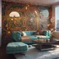 Imagine a modern and technology-inspired living room with a unique twist. The centerpiece of the room is a striking circuit board interior wallpaper that covers one wall. The wallpaper features intricate circuit board diagrams, electronic symbols, and vibrant metallic tones, Vintage Illustration, Retro-Futurism, Sci-Fi by Stanley Artgerm Lau