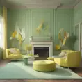 Muted tones of pastel green and yellow interior design, evoking a sense of calmness, endless muse, Digital Art, 3D art, Elegant by Greg Rutkowski