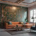 Imagine a modern and technology-inspired living room with a unique twist. The centerpiece of the room is a striking circuit board interior wallpaper that covers one wall. The wallpaper features intricate circuit board diagrams, electronic symbols, and vibrant metallic tones, Vintage Illustration, Retro-Futurism, Sci-Fi by WLOP