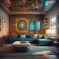 Imagine a modern and technology-inspired living room with a unique twist. The centerpiece of the room is a striking circuit board interior wallpaper that covers one wall. The wallpaper features intricate circuit board diagrams, electronic symbols, and vibrant metallic tones, Vintage Illustration, Retro-Futurism, Sci-Fi by Stanley Artgerm Lau