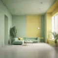 Muted tones of pastel green and yellow interior design, evoking a sense of calmness, endless muse, Minimalism, Digital Art, 3D art, Elegant by Stefan Kostic