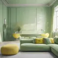 Muted tones of pastel green and yellow interior design, evoking a sense of calmness, endless muse, Minimalism, Digital Art, 3D art, Elegant by Stefan Kostic