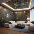 Imagine a modern and technology-inspired living room with a unique twist. The centerpiece of the room is a striking circuit board interior wallpaper that covers one wall. The wallpaper features intricate circuit board diagrams, electronic symbols, and vibrant metallic tones, Vintage Illustration, Retro-Futurism, Sci-Fi by Stefan Kostic