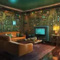 Imagine a modern and technology-inspired living room with a unique twist. The centerpiece of the room is a striking circuit board interior wallpaper that covers one wall. The wallpaper features intricate circuit board diagrams, electronic symbols, and vibrant metallic tones, Vintage Illustration, Retro-Futurism, Sci-Fi by Greg Rutkowski