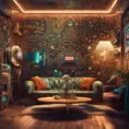 Imagine a modern and technology-inspired living room with a unique twist. The centerpiece of the room is a striking circuit board interior wallpaper that covers one wall. The wallpaper features intricate circuit board diagrams, electronic symbols, and vibrant metallic tones, Vintage Illustration, Retro-Futurism, Sci-Fi by Stefan Kostic