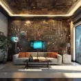 Imagine a modern and technology-inspired living room with a unique twist. The centerpiece of the room is a striking circuit board interior wallpaper that covers one wall. The wallpaper features intricate circuit board diagrams, electronic symbols, and vibrant metallic tones, Vintage Illustration, Retro-Futurism, Sci-Fi by Stanley Artgerm Lau