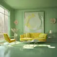 Muted tones of pastel green and yellow interior design, evoking a sense of calmness, endless muse, Digital Art, 3D art, Elegant by Greg Rutkowski