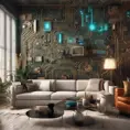 Imagine a modern and technology-inspired living room with a unique twist. The centerpiece of the room is a striking circuit board interior wallpaper that covers one wall. The wallpaper features intricate circuit board diagrams, electronic symbols, and vibrant metallic tones, Vintage Illustration, Retro-Futurism, Sci-Fi by Stanley Artgerm Lau