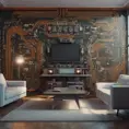 Imagine a modern and technology-inspired living room with a unique twist. The centerpiece of the room is a striking circuit board interior wallpaper that covers one wall. The wallpaper features intricate circuit board diagrams, electronic symbols, and vibrant metallic tones, Vintage Illustration, Retro-Futurism, Sci-Fi by WLOP