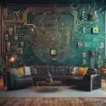 Imagine a modern and technology-inspired living room with a unique twist. The centerpiece of the room is a striking circuit board interior wallpaper that covers one wall. The wallpaper features intricate circuit board diagrams, electronic symbols, and vibrant metallic tones, Vintage Illustration, Retro-Futurism, Sci-Fi